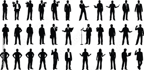 Large set of black business silhouettes featuring professionals, public speakers, presenters, managers, and corporate employees in various active standing poses