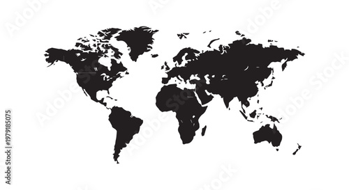 World map silhouette highlighting continents and countries in stark black and white contrast