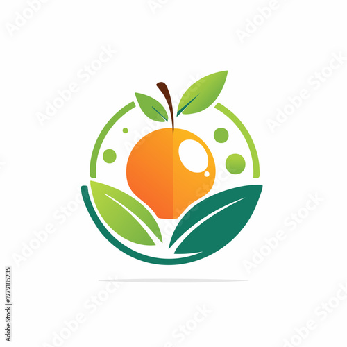 A fresh orange fruit vector illustration featuring a healthy citrus design with a green leaf and ripe juicy details for a natural food logo