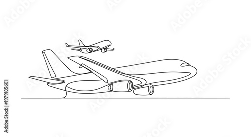 Continuous line drawing of two airplanes, one larger in foreground, one smaller in background