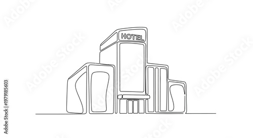 Modern hotel building exterior, minimalist line art, contemporary architecture, urban design