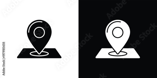 Isolated Map Pointer Icon with Circle Inside Location Shape on Square Platform