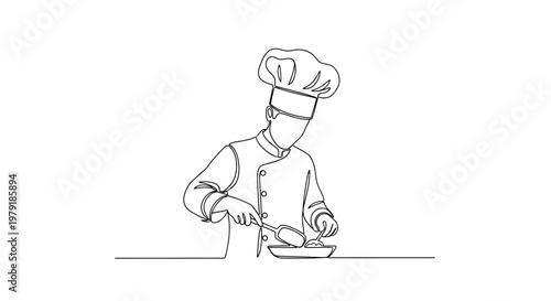 Chef Cooking Food in Kitchen, Single Line Drawing, Minimalist Style