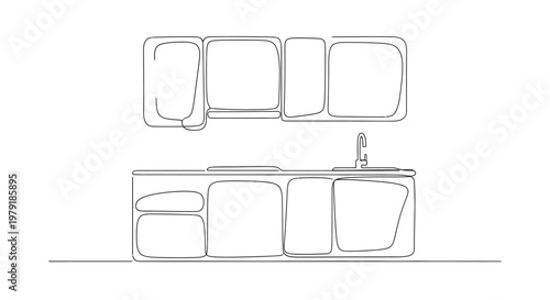 Modern Kitchen Cabinet Line Art Drawing, Minimalist Design, Furniture Icon