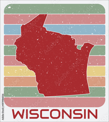Wisconsin, United States vintage logo. Shape of the state on retro colored stripes background. Wisconsin, United States map design with grunge scratch texture. Vector illustration.