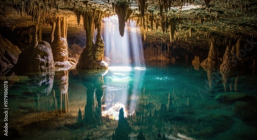 Underwater Cenote with Stalactites and Sunlight.