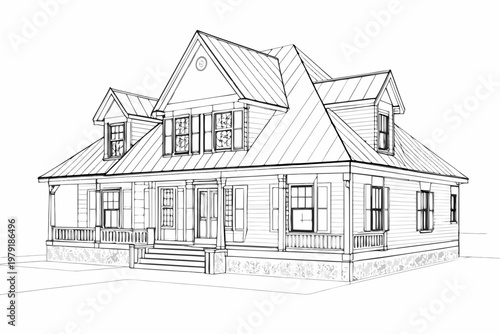 Detailed line art drawing of a classic american home with a gable roof