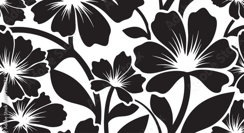 Seamless Black Floral Pattern with Large Blooming Flowers and Leafy Vines