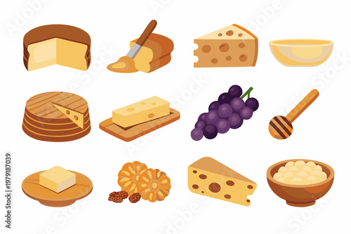 A colorful assortment of cheeses grapes honey and crackers