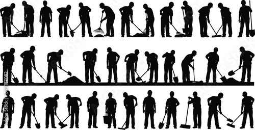 Large Set Of Construction Worker Silhouettes Using Shovels Rakes And Brooms For Professional Manual Labor Gardening Maintenance And Site Cleaning