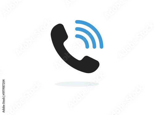 Modern phone handset icon with blue sound waves isolated on white