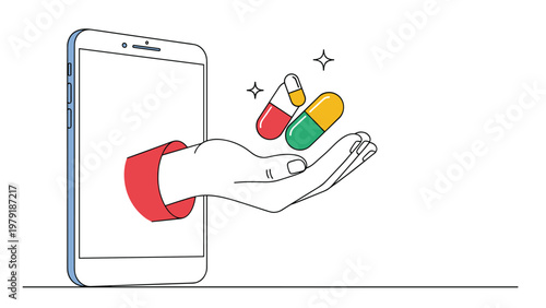 Hand holding several medical capsules and pills emerging from a smartphone screen for online pharmacy or telehealth concepts.