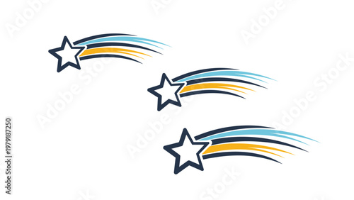 Set of three shooting stars with blue and gold trails streaking across a white background for astronomical or magic themes.