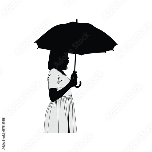 A man standing under a black umbrella on a rainy day with a thoughtful expression