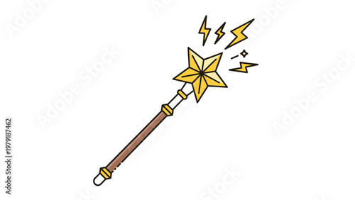 Magical star wand with golden lightning bolts and sparkling elements representing fantasy wizardry or fairy tale enchantment concepts.