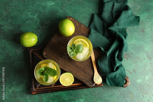 Wooden tray with glasses of...