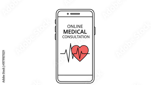 Online medical consultation icon on a smartphone screen showing a heart pulse line for telemedicine and digital healthcare services.