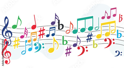 Colorful Music Notes and Symbols on Staves.