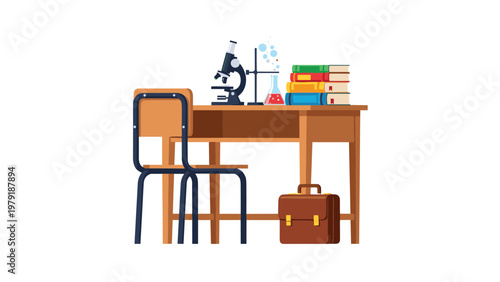 School classroom scene with a wooden desk holding a microscope, science equipment, and a stack of colorful books for education themes.