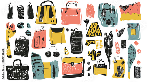Collection of HandDrawn Bags and Accessories in Various Styles.