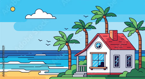 Small White Beach House with Red Roof.