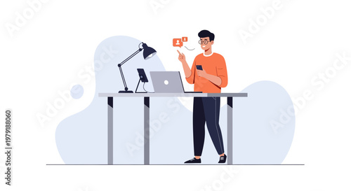 Man using smartphone and laptop at desk, notification icons, modern workspace