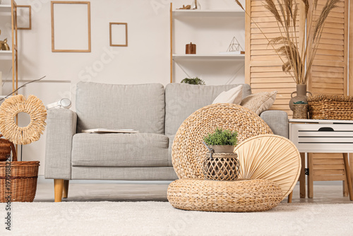 Interior of stylish light living room with grey sofa, coffee table and pampas grass