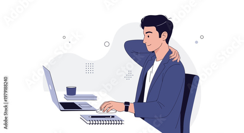 Man experiencing neck pain while working on laptop, office ergonomics concept