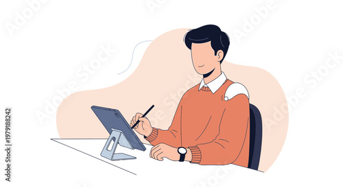 Man Drawing on Digital Tablet, Freelance Artist Working Remotely, Creative Design