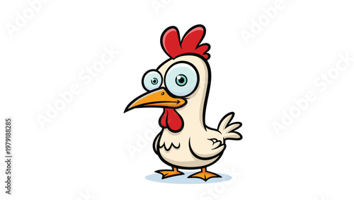 Funny cartoon white chicken with big crazy eyes and a red comb standing on orange feet for poultry and livestock farming concepts.