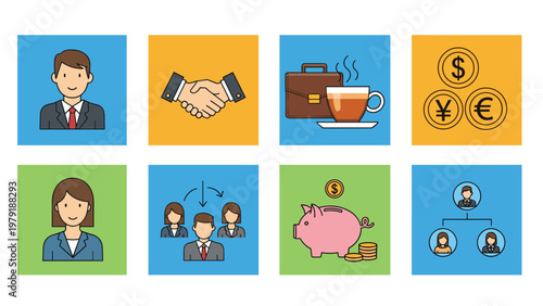 Collection of business icons in colorful squares including characters, handshakes, money, and office equipment for corporate presentations.