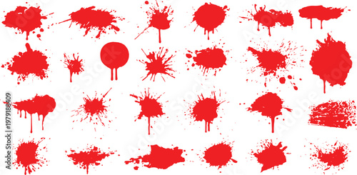 Set red paint splatters and drips on white background. Collection of red watercolor splatters on white background.