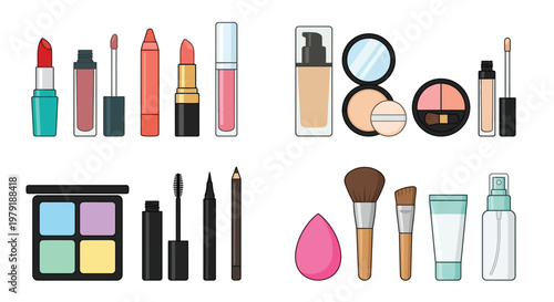 Assorted cosmetic products arranged in a clean illustrative style
