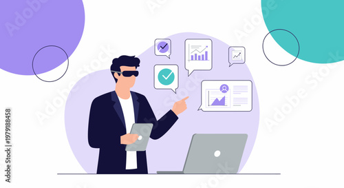 Man in VR headset analyzing data with charts and graphs on screen