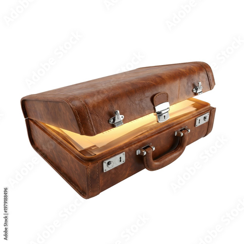 Isolated Briefcase, Brown Leather with Open Lid for Business