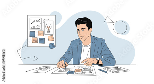 Man planning business strategy with charts and sticky notes on whiteboard