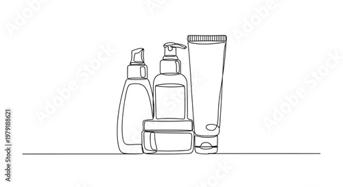 Minimalist Line Art: Skincare Product Set - Bottles, Jar, Tube