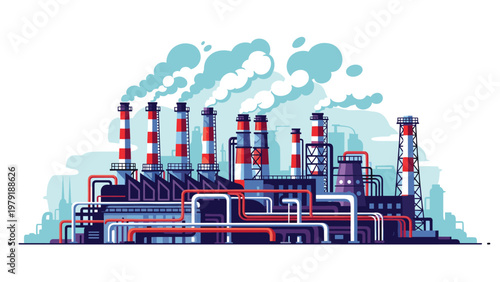 Vibrant industrial factory illustration featuring multiple chimneys and red pipes with smoke plumes for manufacturing and production themes.
