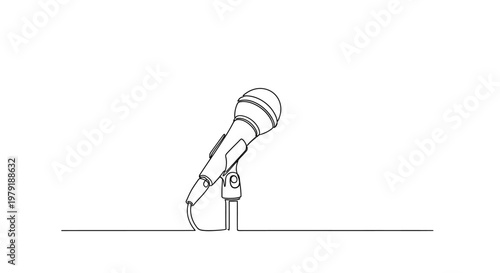 Minimalist Microphone on Stand, Single Line Drawing, Isolated on White Background