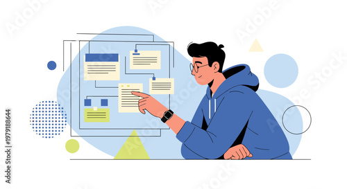 Man planning project workflow on a digital board, business strategy and teamwork concept