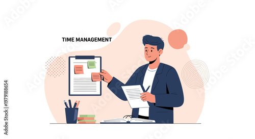 Man planning tasks on sticky notes, time management concept, business organization