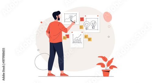 Man planning ideas on whiteboard, business strategy, creative thinking, startup concept