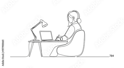 Woman working on laptop at desk with desk lamp, minimalist line art illustration