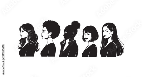 Group of five women in silhouette representing diversity, unity, and female empowerment across cultures