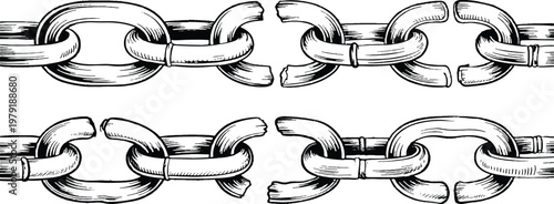 Broken chain ink illustration black and white line art. Broken chain symbolizing freedom, liberation, and breaking limits.	