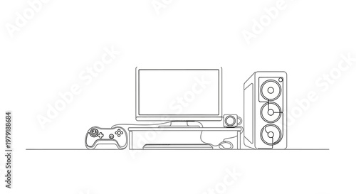 Minimalist Gaming Setup: PC, Monitor, Keyboard, and Controller Line Art