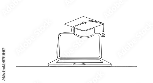 Online Education Concept: Graduation Cap on Laptop Screen, Digital Learning