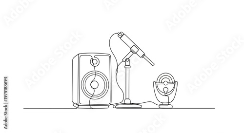 Minimalist Line Art: Vintage Microphone, Modern Speaker, and Studio Stand
