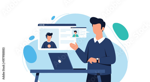 Man presenting online profile on laptop, video call, remote work concept