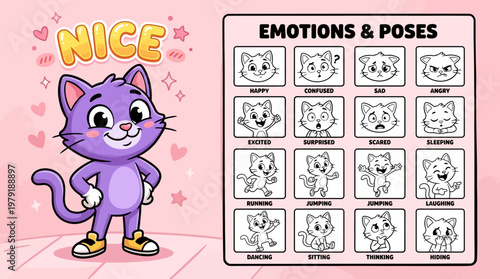 Cute cartoon cat emotions and poses illustration